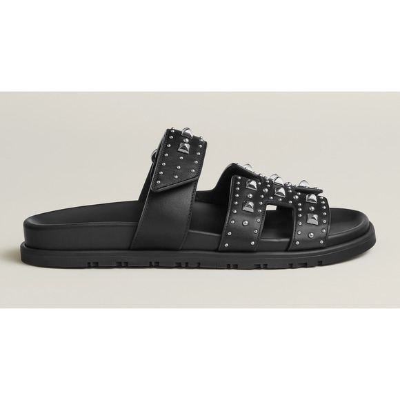 Hermes Chypre Sandal Black Studded Stud Punk Rock H Logo Strap Slide Flat 37 - Picture 3 of 16